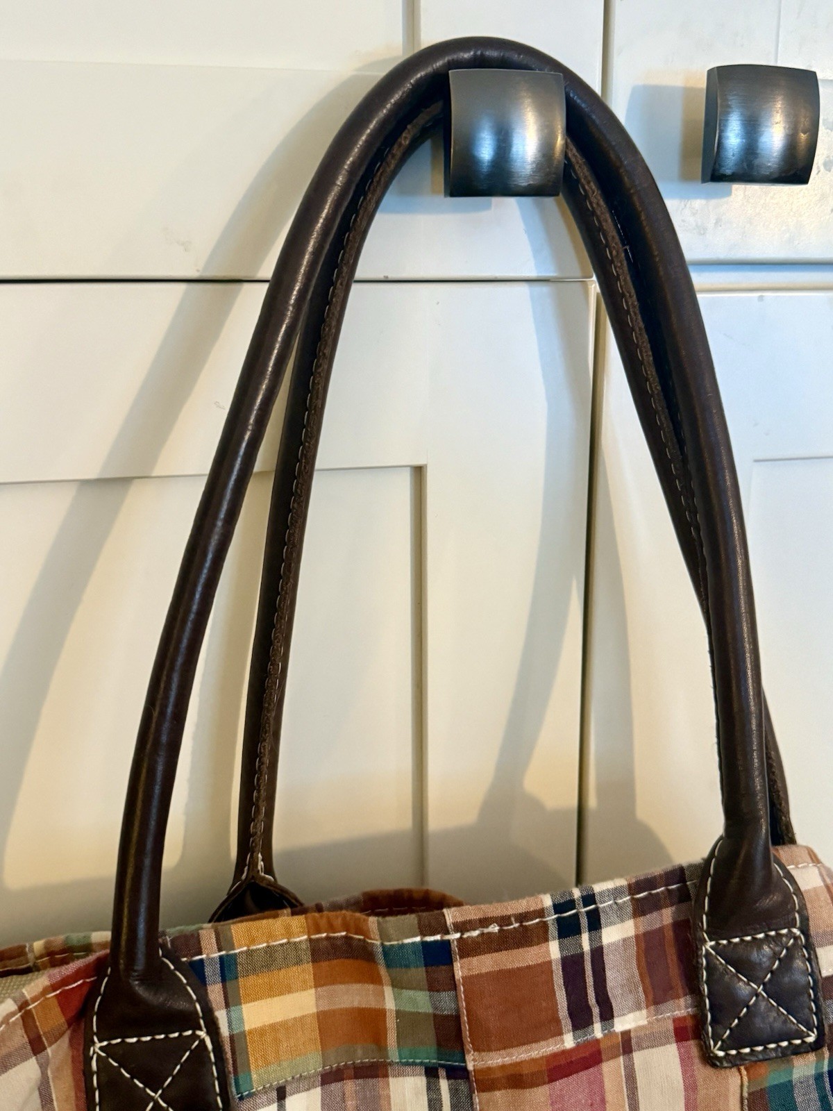 LL BEAN Plaid Patchwork Leather Handle LARGE Tote… - image 11