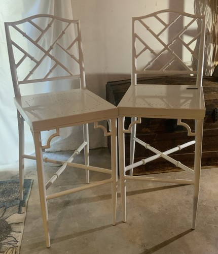 A Pair Of Ornate Traditional White Bar Stools Asian Chippendale Vibe