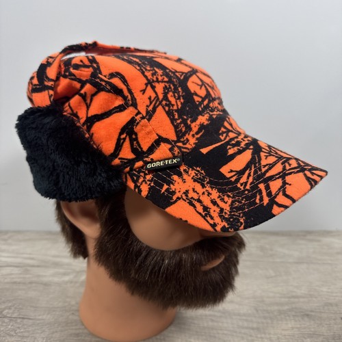 Cabela's L Gore-Tex Thinsulate Blaze Orange Camo Hunting Trapper Hat Earflaps - Picture 3 of 18
