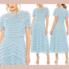 NWT Mac Duggal [ 10 ] 8055 Short Sleeve Ruffle Tiered A Line Dress in Blue J1813