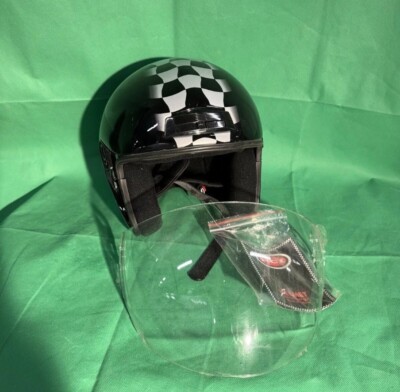 checkered flag motorcycle helmet HCI Open Face Fiberglass Motorcycle Helmet Size Sm Black Checkered Flag NWT