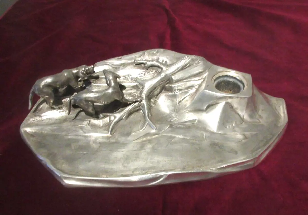 4 Pewter-Plated Inkwell Stand w/ Clear Glass Inkwell