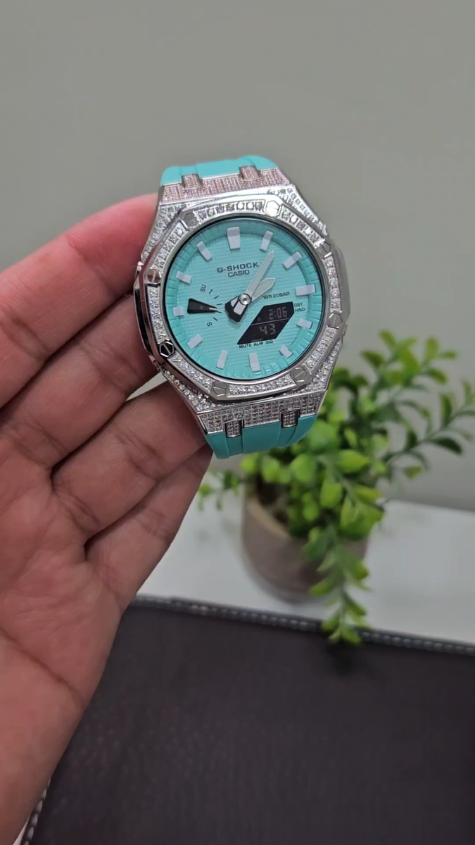 Custom G-Shock GA-2100 | Aqua Blue Mod | Iced Out Bezel Diamond