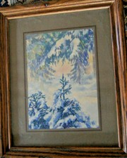 Watercolor Snowscape in the Forest on Fir Trees Pine Sunset