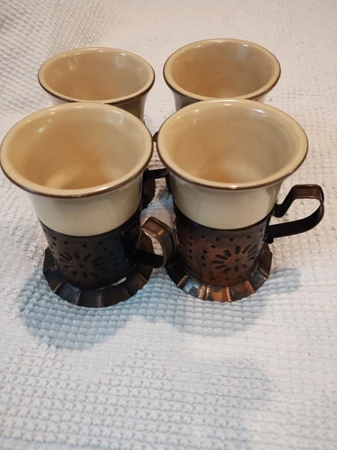 4 Vintage Pfaltzgraff Village 4 7/8" 8 oz. Cup/Mug & Punched Copper Holders