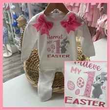 Personalised Baby Girls 1st Easter Baby Grow Sleepsuit first easter Romany 2024