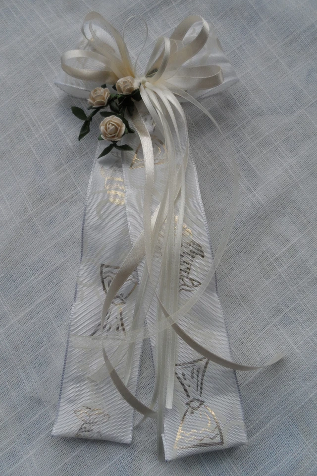 Kerzenschleife Schleife creme FISCHE Kelch gold Blüten Bänder Kommunion Kerzen  - Bild 3 von 4