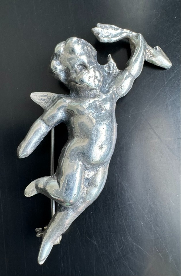 SOLID CAST 925 STERLING SILVER  CUPID BROOCH - image 1