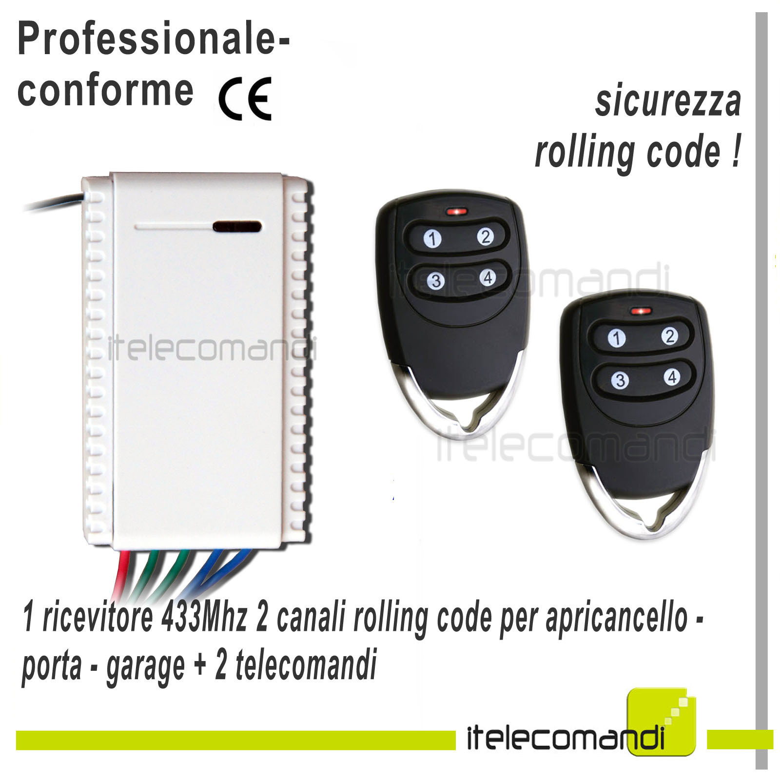 Kit ricevitore radio 2ch + 2 telecomandi 433Mhz automazione cancelli serrande
