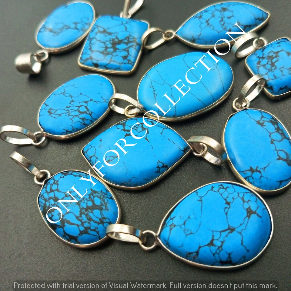 Lote de 10 colgantes de bisel enchapados en plata de ley 925 con piedras preciosas turquesa Trandy Foto 3 de 4