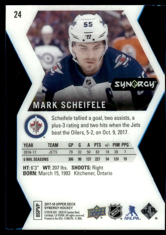 2017-18 Upper Deck Synergy BLUE Mark Scheifele Winnipeg Jets #24 - Image 2 of 2