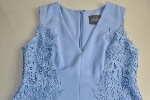 $1890 NEW Lela Rose V Neck Midi Dress Fluid Crepe w Lace Details Sky Blue 4 6 , - Picture 6 of 11