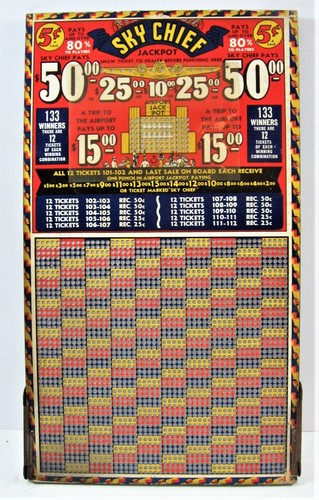 Vintage Sky Chief WWII Airplane Lge Colorful 5 Ct Punch Board Gambling Old Stock