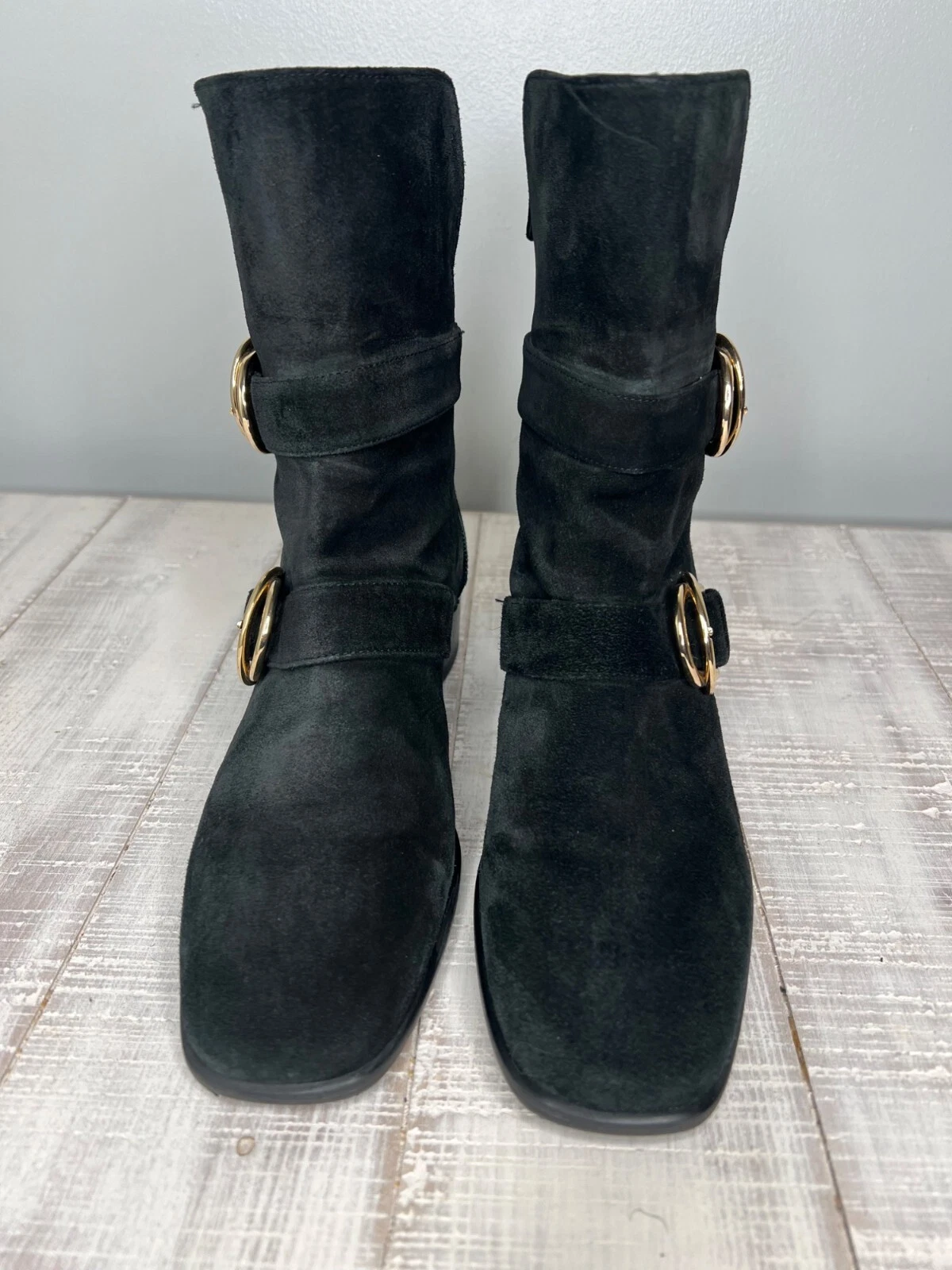 Stuart Weitzman Britain Black Suede Ankle Boots With G Buckles & Zipper 6.5