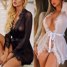 Plus Size Sexy-Lingerie Women Lace Short Kimono Robe See-though Sleepwear US