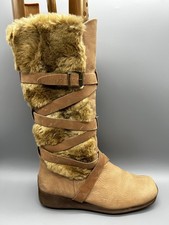 Vintage 90s Knee Boot Leather Brown Pull On Faux Fur Straps Flat Sole Women Uk 7