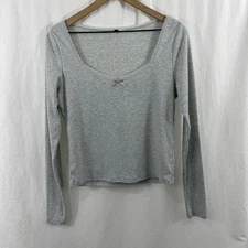 H&M Divided Gray Pointelle Lace Trim Long Sleeve Layering Top Womens L Y2K