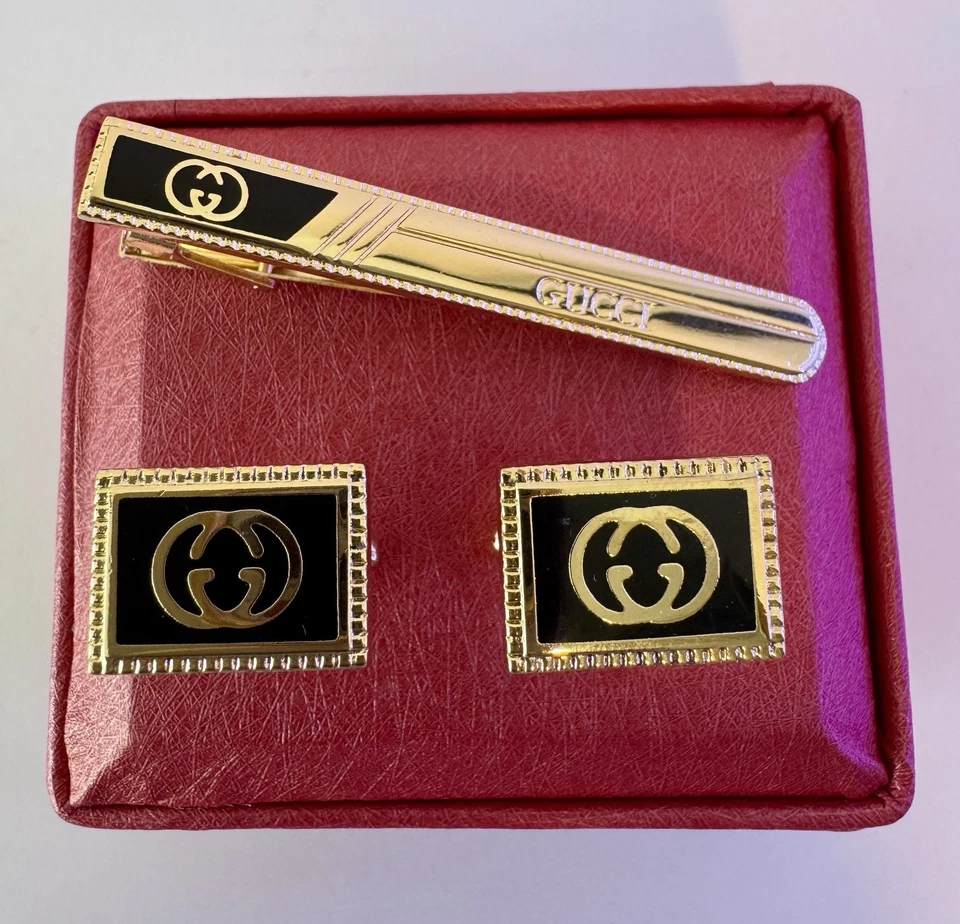 💝 Elegant Gucci Gold & Black Cufflinks & Tie Clip Set –Luxury Men’s Gift Box 💝 — 第 2/4 张图片