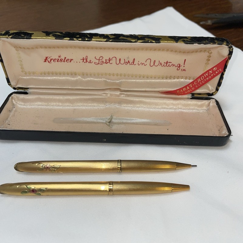  Kreisler Karat Crown Heavy Gold Electroplate Pencil and Pen Set Floral Accents