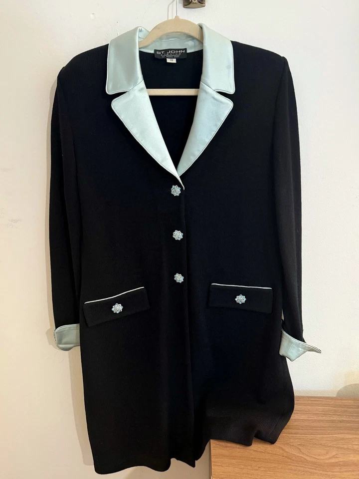 St. John Evening Cardigan Jacket Black Size 10 Aqua Satin Trim & Crystal Buttons - Image 2 of 4