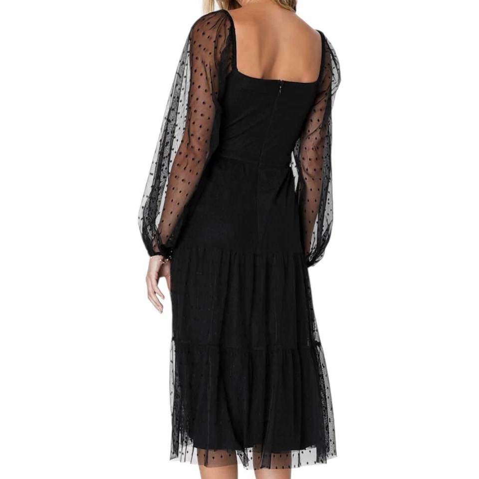 Vestido Lulus Negro Punto Suizo En Niveles Bustier Midi Talla XS Cachicho Hada Grunge Foto 3 de 4