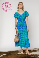 Umgee Blue/Mint Floral Printed V Neck Maxi Dress with Flutter Sleeves