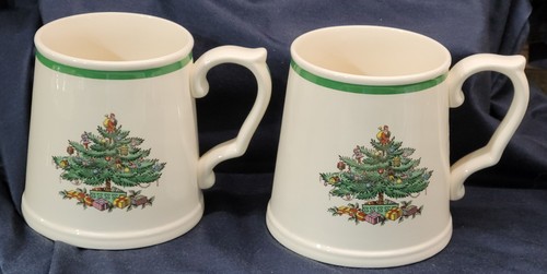 2 Spode Christmas Tree England S3324 C Krug Stein Becher grün Band Streifen Paar