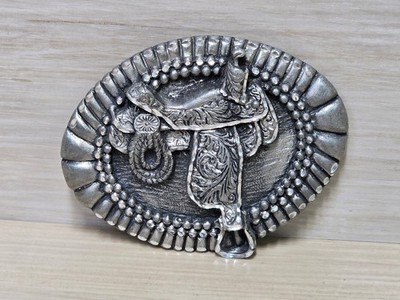 Vintage EGE Belt Buckle Silver Tone Western Saddle Engraved 3.5'' Made in USA