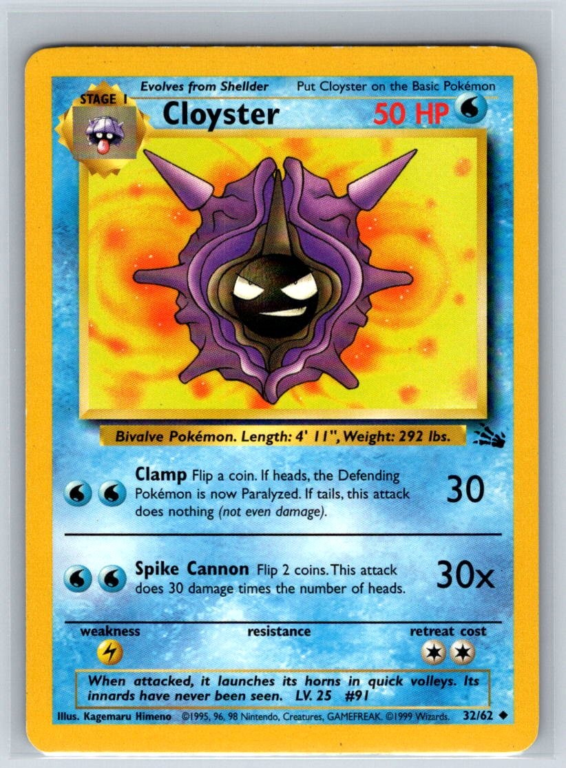 Cloyster 32/62 Uncommon Fossil Pokemon Unlimited Lightly Played