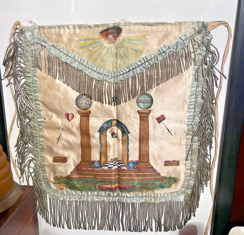 Rare Early  Antique Masonic Silk Apron in frame (#5)