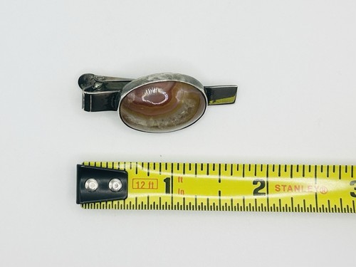 CARLOS DIAZ Signed Sterling Agate Modernist Tiebar Cufflinks 1970s - Picture 8 of 10