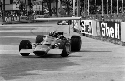 Graham Hill Lotus 49B Ford in Thursday practice Aerofoil wings we- 1969 Photo 1
