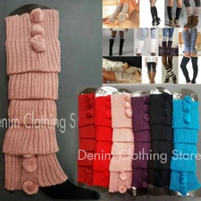 (2 Pack) Cozy Women Leg Warmers Knee High Knit Crochet Pom Poms Warm Winter 16"