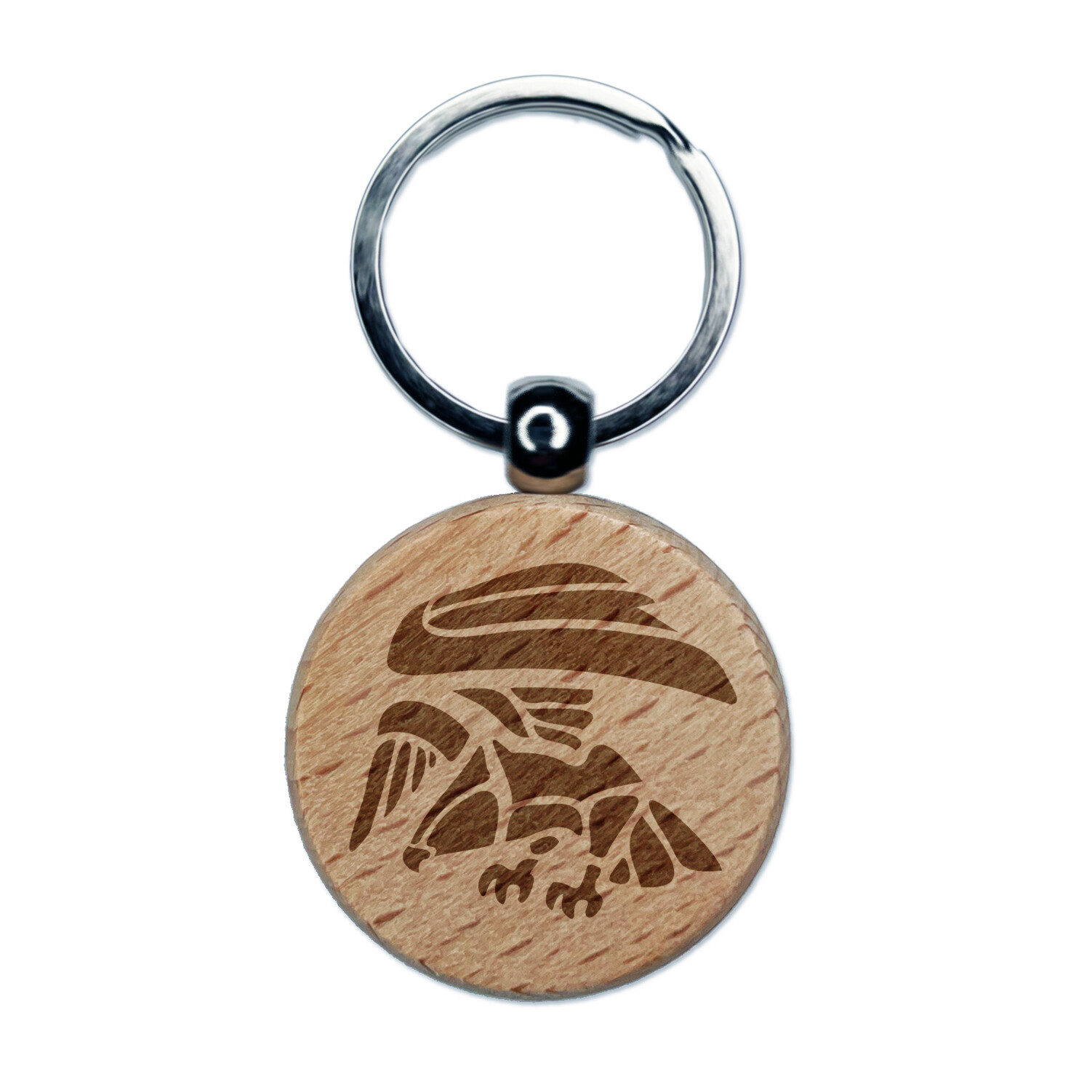 Landing Geometric Eagle Hawk Bird of Prey Engraved Wood Round Keychain Tag Charm