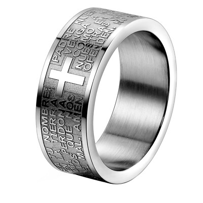 Stainless Steel Christ Cross Bible Scriptures Lord's Prayer Pattern Ring Band