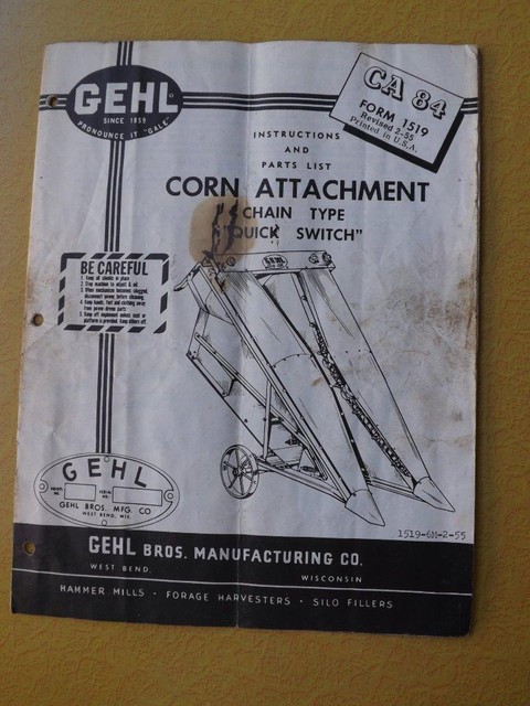 GEHL CORN ATTACHMENT INSTRUCTIONS PARTS LIST TRACTORS FARM ...