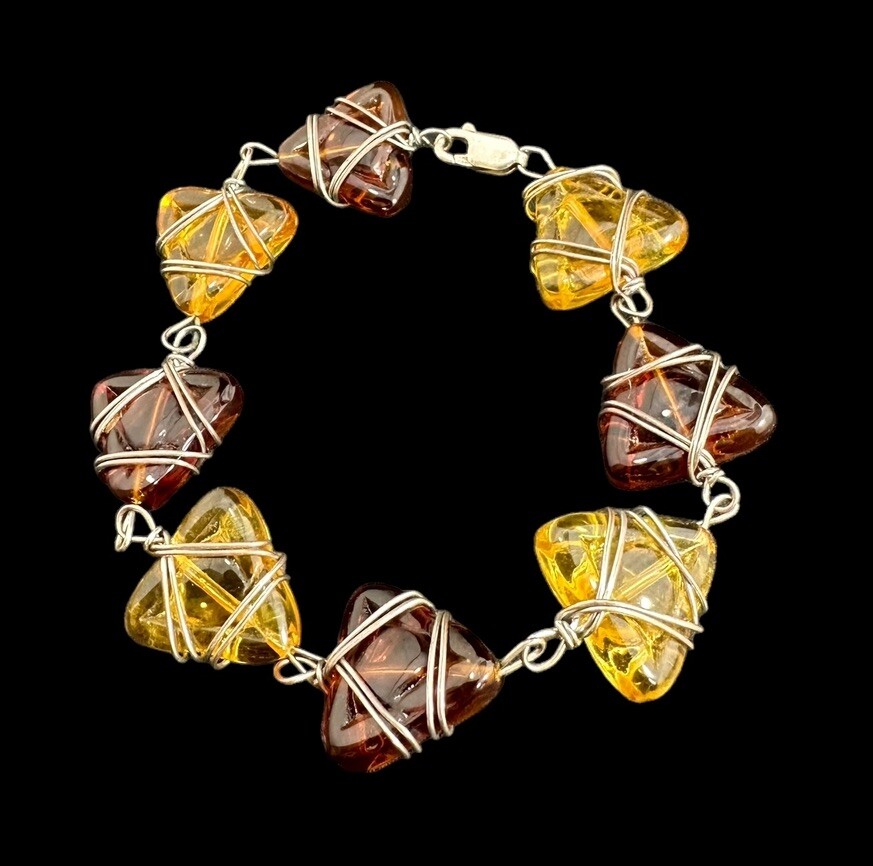 925 Sterling Silver Amber Glass Geometric Triangle Beaded Bracelet 8.25 Inch-image