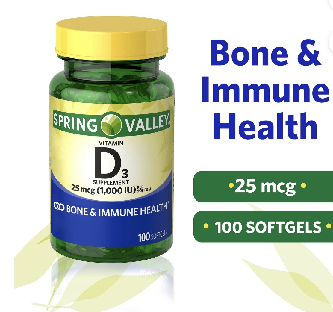 Spring Valley Vitamin D3 Dietary Supplement Softgels 1000 IU 25 Mcg 100
