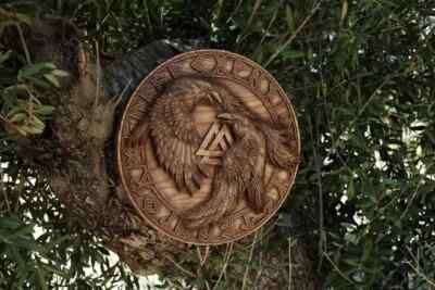 Viking symbol Raven Wooden viking shield Viking decor wall art Odin Hugin