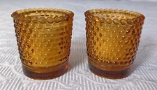 Vintage Set 2 Amber Gold Glass  Candle Holder Votive Cup Hobnail Dot 2.5" MCM