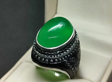 Natural Yemeni Big Green Aqeeq Sterling Silver 925 Handmade Religious Mens Ring