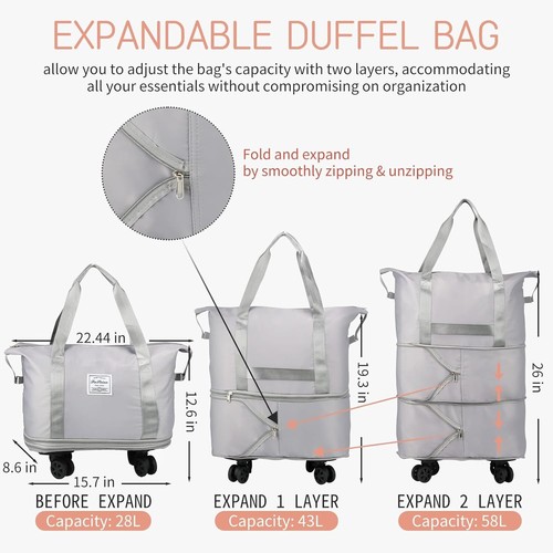 Durable Grey Rolling Duffel - Expandable Lightweight Travel Bag with 360 Wheels - Picture 4 of 9