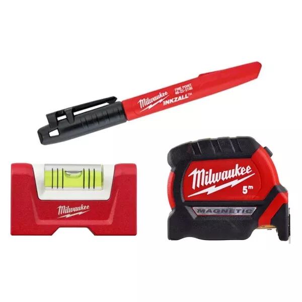 Milwaukee Set Tape Measure 16 5 12ft Mini Level Magnetic Pen Permanent