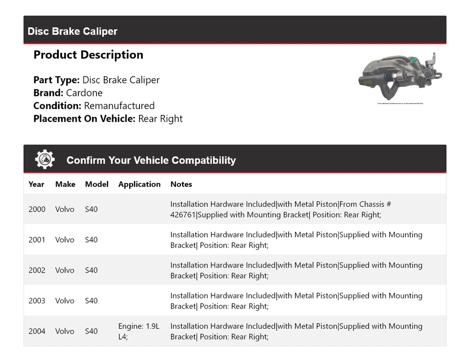 Pinza de freno de disco trasera derecha Cardone 2001 2002 2003 Volvo S40 2000-2004 Foto 2 de 4