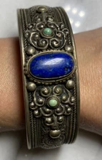 Lapis Lazuli Turquoise Vintage Cuff Bracelet Estate Jewelry Pre-owned Repousse