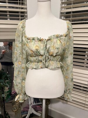 NWT HYFYVE Romancecore Stretchy floral print green crop off-shoulder top MEDIUM