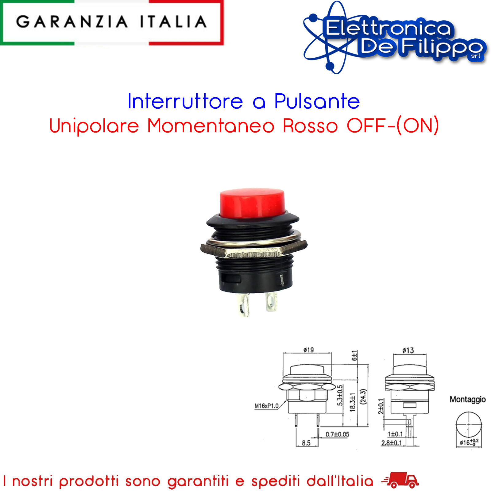 Interruttore a Pulsante Unipolare Momentaneo Rosso OFF-ON