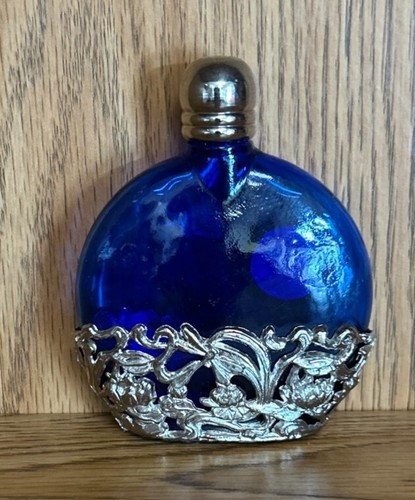 Vintage SILVER PLATED COBALT BLUE Glass Filigree Perfume Bottle Floral