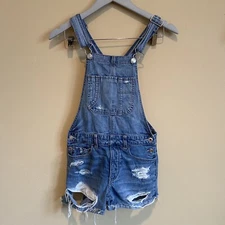American Eagle Bib Overall Short XXS Shorttall Distressed Denim Jean Romper AEO