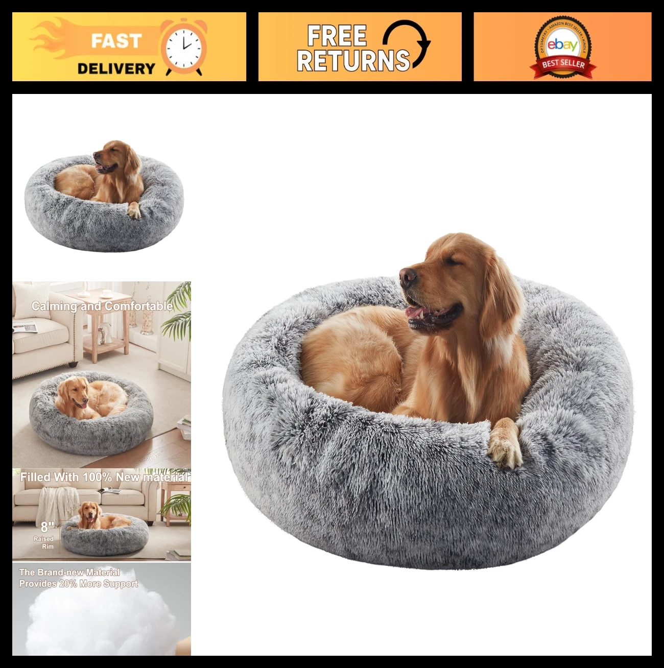 Donut Dog Bed for Large Dogs Calming Fluffy Round Pet Bed Dark Grey